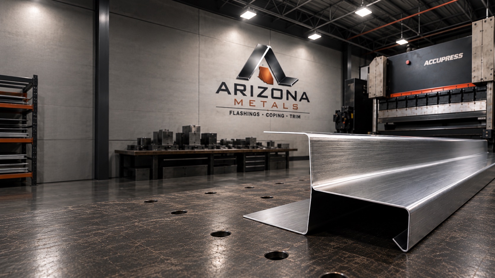 Brake-formed coping profile on the fabrication table in the Arizona Metals shop, press brake behind