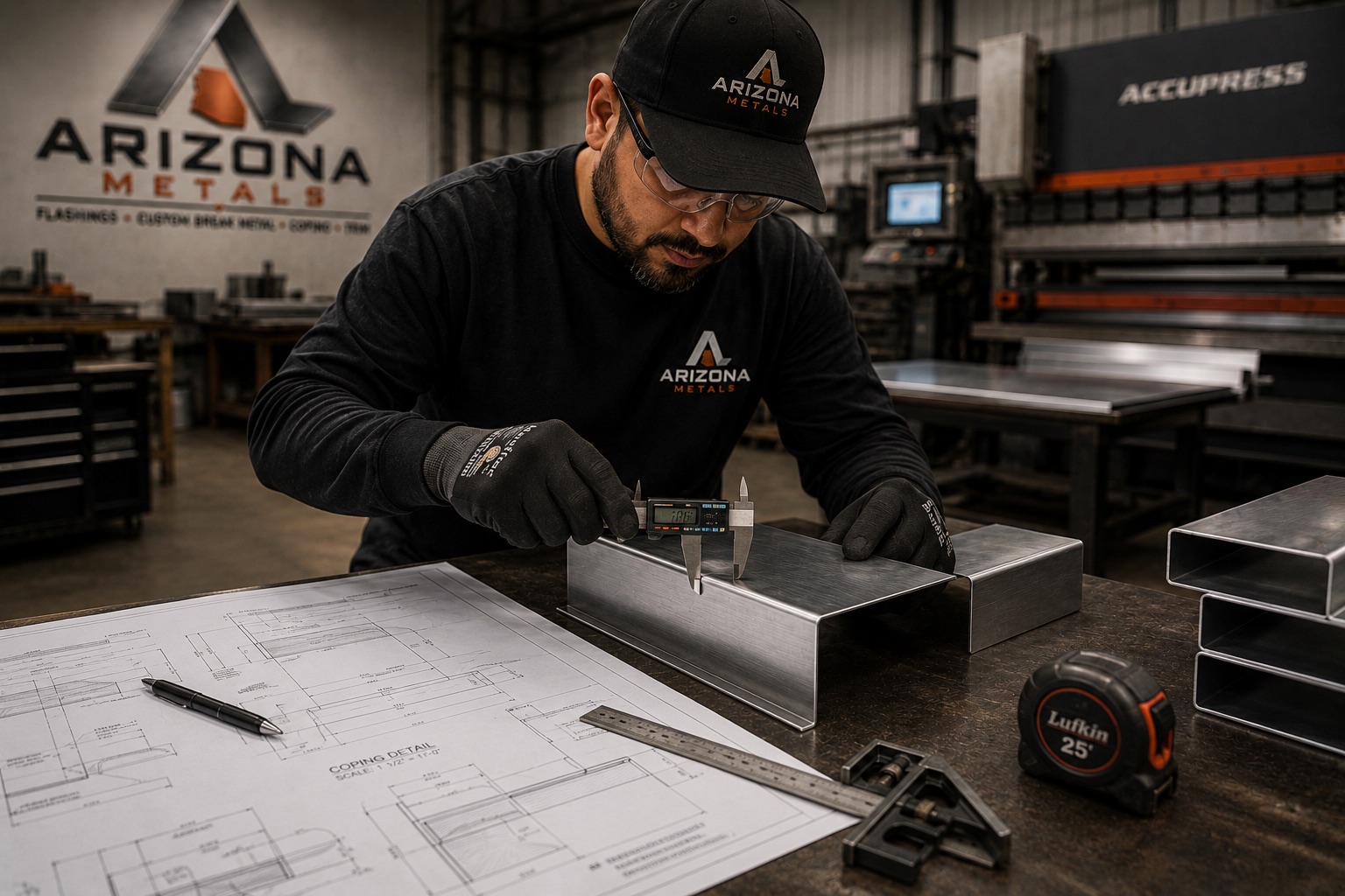 Fabricator verifying a coping profile with digital calipers against the shop drawing