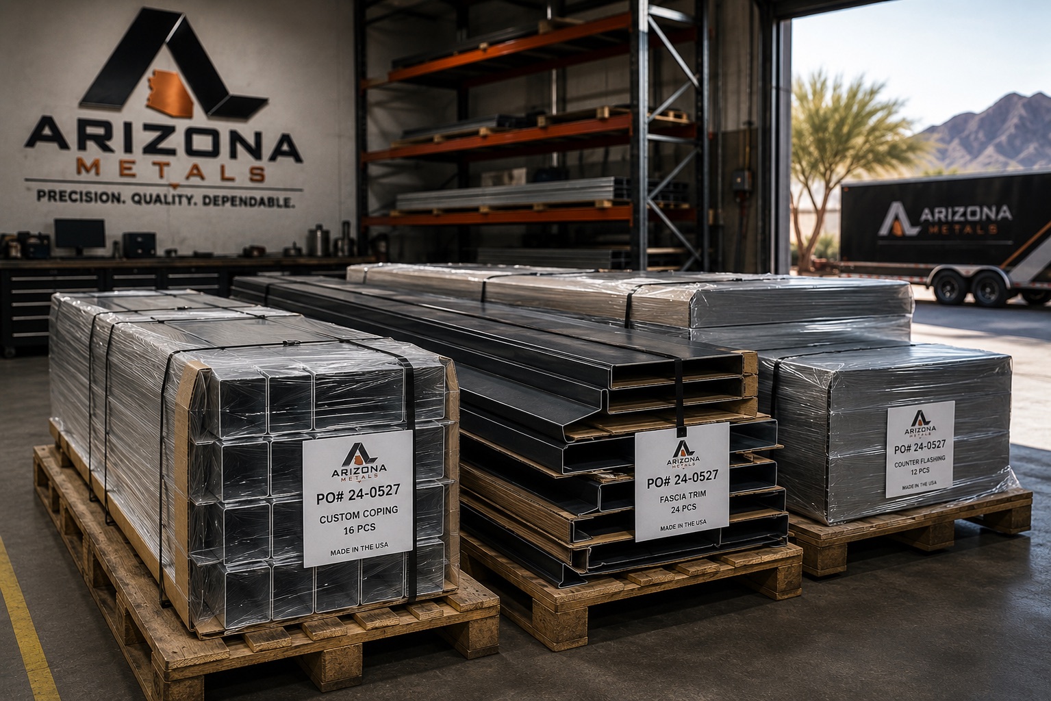 Palletized, labeled orders of custom coping, fascia trim, and counter flashing wrapped for delivery